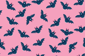 Bright seamless pattern with cute bats on a trendy pink-purple pastel background. Halloween themed print for posters, covers, prints, fabric, wrapping paper, covers... Creative vector illustration - 648976857