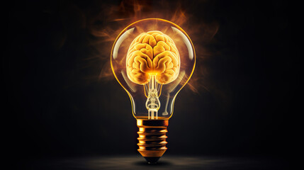 The concept of a bright idea depicted through an image of a head, brain, and a yellow light bulb, symbolizing the act of thinking