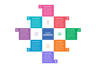 infographic template for business, science, education world. colorful squares infographic template. eight steps infographic template. magazine, internet, web, annual report information template