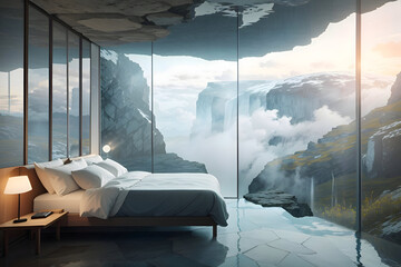 hotel room in the mountains with glass walls | heaven | calm | modern