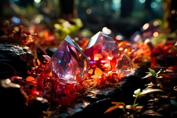 Mystical gemstones light up the fairy realm with vibrant hues in this enchanted forest scene.