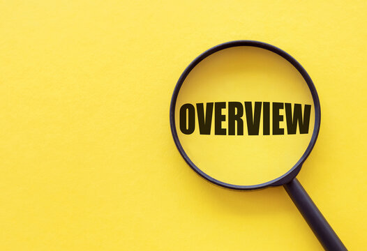 Overview word. Summary and recap concept. Magnifying glass on yellow background