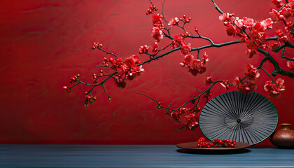 Elegant Still Life of Red Flowers in a Black Vase,chinese new year background