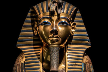 Egyptian sarcophagus of Pharaoh Tutankhamun isolated on black background - obrazy, fototapety, plakaty