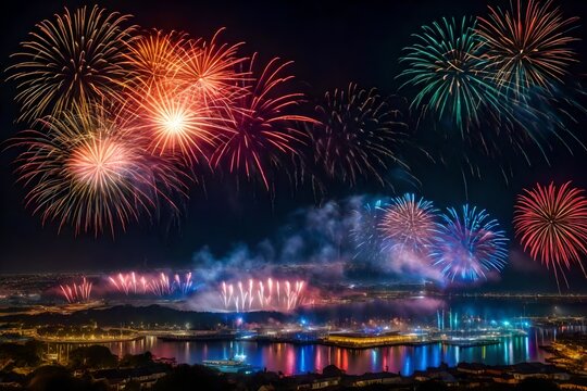 fireworks in the city Image of colourful christmas and new year fireworks exploding in night sky 4k, 8k, 16k, full ultra hd, high resolution and cinematic photography generated ai