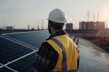 Bauleiter begutachtet die Solarpanels als Solardach in der Stadt. Handwerker errichtet ein Solarsystem. Anschließen einer Solaranlage auf einer Halle.
