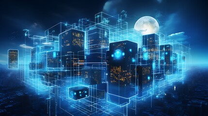 Fototapeta premium data science, internet, cloud networking, server architecture, artificial intelligence futuristic blue color abstract technology background