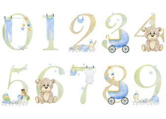 Watercolor baby numbers for invitation card, nursery poster and other.