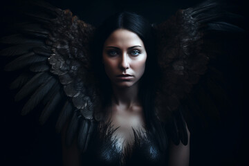 Culture and religion, fashion and make-up concept. Beautiful and sexy woman portrait with black wings. Dark angel. Model wearing black clothing. Generative AI - obrazy, fototapety, plakaty