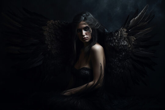 Culture and religion, fashion and make-up concept. Beautiful and sexy woman portrait with black wings. Dark angel. Model wearing black clothing. Generative AI
