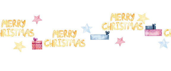 Watercolor seamless border with Christmas gifts on white background.