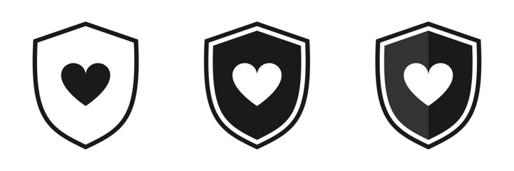 Heart icon with shield. Love protection concept. Set of illustrations