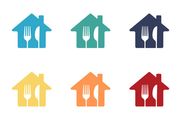 House icon with fork and knife. Set of illustrations