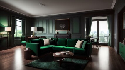 interior of living room with modern velvet green colour sofa
