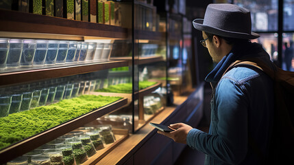 A consumer comparing green and blue matcha packages in a specialty tea store.