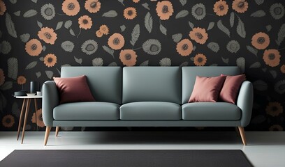 interior of living room with modern sofa and floral design on walls