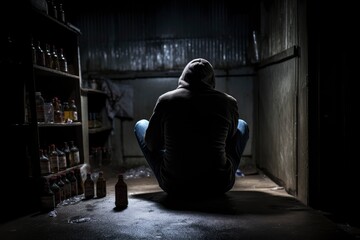 A person sitting in a dimly lit room surrounded by scattered bottles created with Generative AI technology