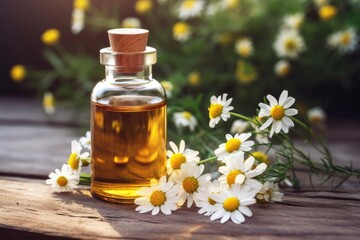 A bottle of chamomile oil next to daisies created with Generative AI technology
