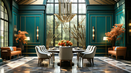 the golden age revisited: a french dining room inspired by the geometric elegance and opulence of art deco design. Ai Generated - obrazy, fototapety, plakaty