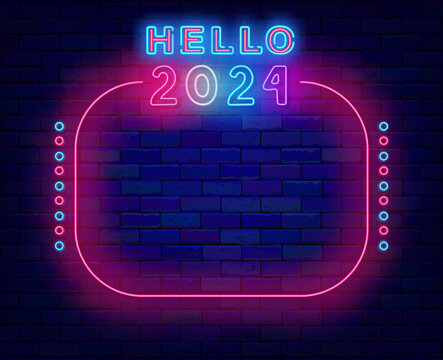 Hello 2024 neon flyer. Happy New Year. Holiday celebration. Space for text. Night show advertising. Vector illustration