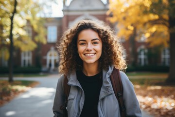 Smiling portrait of a young happy caucasian female student infront of a university