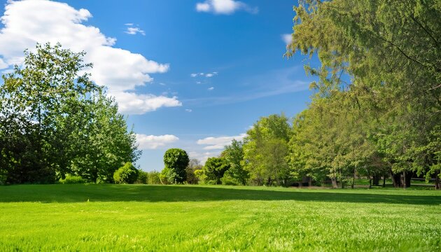 landscape with trees, a neatly trimmed lawn surrounded by trees against a blue sky with clouds on a bright sunny day, Beautiful blurred background image of spring nature