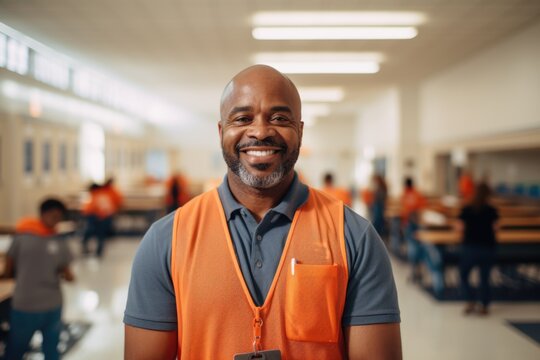 Portrait Of A Smiling African American School Janitor In A High School Or Elementary School