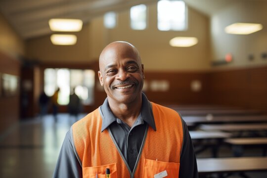 Portrait Of A Smiling African American School Janitor In A High School Or Elementary School