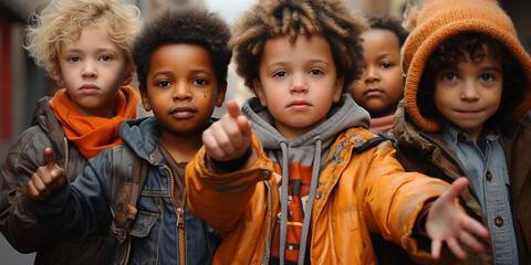 Fototapeta premium Kleine Kinder Clique Bande halten zusammen im Retro Style 60er Querformat als Banner, ai generativ