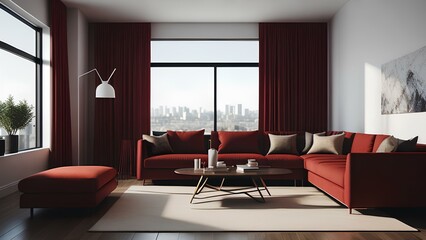 interior of living room with modern red colour sofa