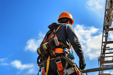 Obraz premium Construction site safety for high-level work requires fall protection.