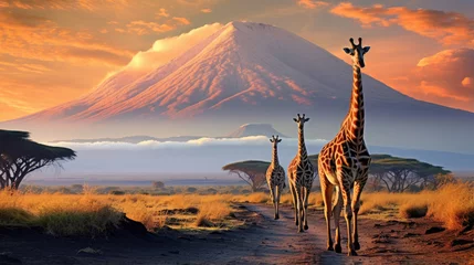 Küchenrückwand glas motiv Kilimandscharo Giraffes in Kilimanjaro National Park