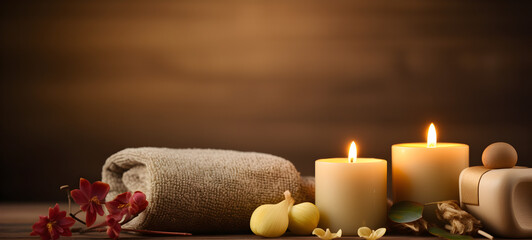 Fototapeta na wymiar Massage Banner Background with Towels, Candles, and Flowers Petals
