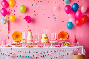 Birthday balloons and happy birthday cake with colorful candles
