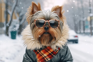 a fashionable dog in winter clothes on the street, a terrier in a warm jacket and scarf and glasses against the background of snowfall