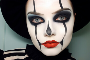 Woman with black and white Halloween Pierrot clown costume makeup