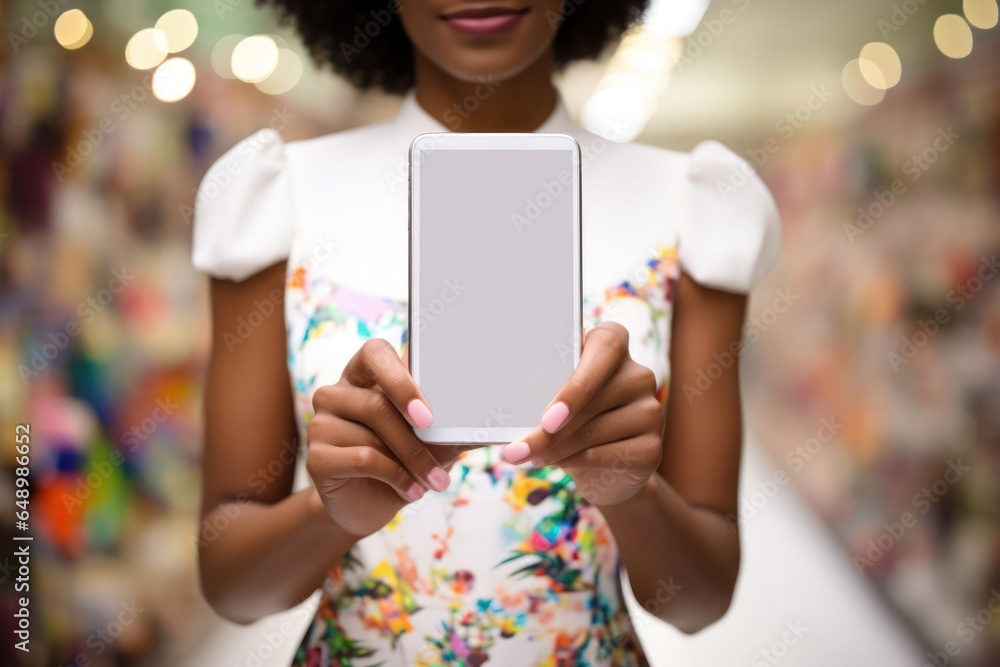 Poster black female with handheld device backdrop generative ai