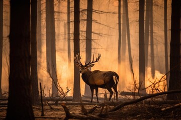 Hirsch beim Waldbrand vor dem Feuer. Der Wald brennt und die Rehe fliehen vor der Hitze.