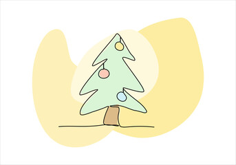 Christmas tree one line drawing colored with pastel colors. Vector illustration.