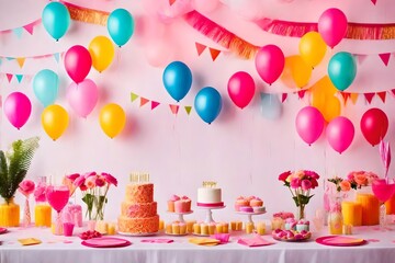 Birthday balloons and happy birthday cake with colorful candles