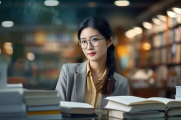 Asian Female Bookstore Style Background Generative AI