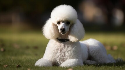 playful poodle on grass, in the park, in a yard