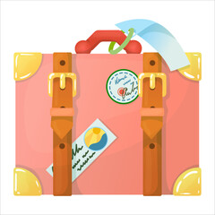 A bright pink suitcase for travel. Hand luggage. Bag. Entertainment, moving to another country. Vector illustration on a white background in cartoon style.