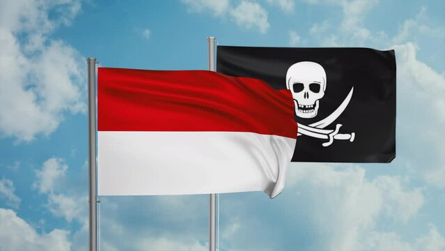 Indonesia flag and corsair flag waving together in the wind on blue sky, cycle looped video