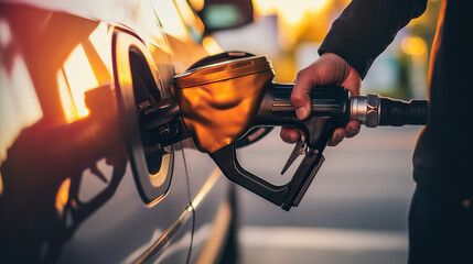 Hand filling fuel tank of a car at a gas station - obrazy, fototapety, plakaty
