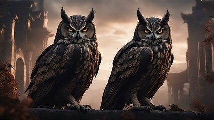 pair of great horned owls on a branch - obrazy, fototapety, plakaty