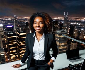 african american business woman in a suit standing on a terrace, in the background are the metropolitan skyscrapers with city lights lit at dawn