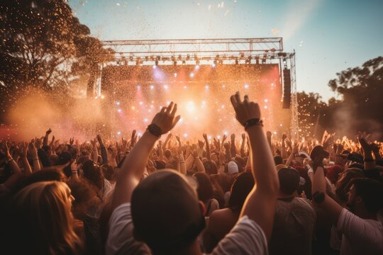 Live Concert Show On Open Air. People Party On Music Festival, First Person View