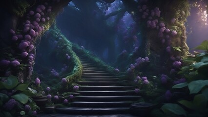 stairway to the elven kingdom, in a magical forest at night, lit by lanterns lined with purple flowers