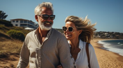 an adult couple in love enjoying a walk by the sea